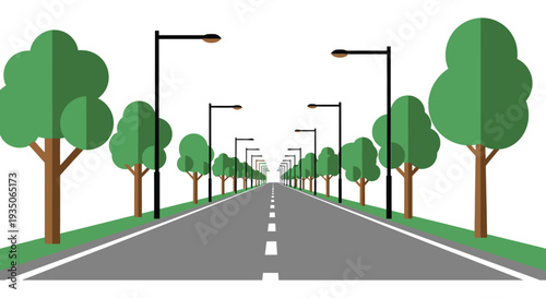 A long straight road stretches into the distance lined with trees and streetlights creating a stark silhouette high quality professional detailed