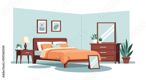 A cozy bedroom interior features a bed dresser and wall art presented in a flat graphic silhouette high quality professional detailed