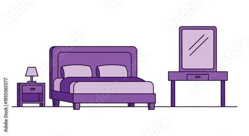 A minimalist bedroom interior illustration featuring a bed nightstand and dresser in a monochromatic purple palette silhouette high quality professional detailed