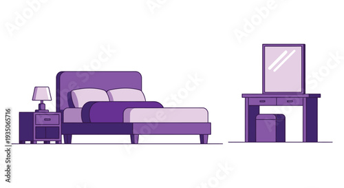A minimalist bedroom interior features a bed dresser and nightstand rendered in a striking purple silhouette high quality professional detailed modern