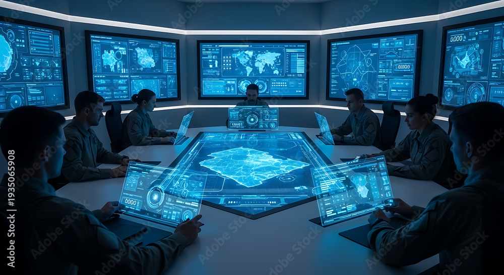 Obraz premium Modern Tactical Briefing Room with Holographic Data. Strategic Planning Session in a Futuristic Command Center