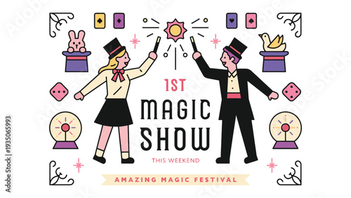 Magician vector illustration of a magic show with two performers