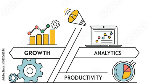 Laptop vector illustration with growth and productivity analytics icon