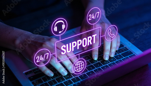 Hands typing on laptop keyboard with glowing neon support icons, representing customer service and assistance, technology concept