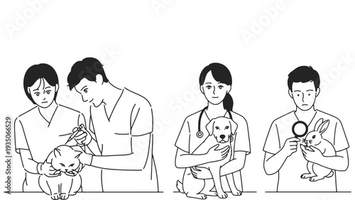 Veterinarians examining pets in a clinic setting with care and attention