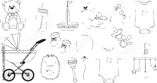 Baby nursery collection including stroller teddy bear onesies