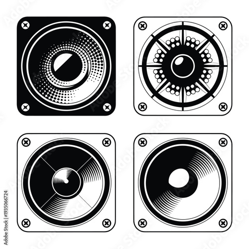 Four black and white illustrations of speaker diaphragms with mounting screws