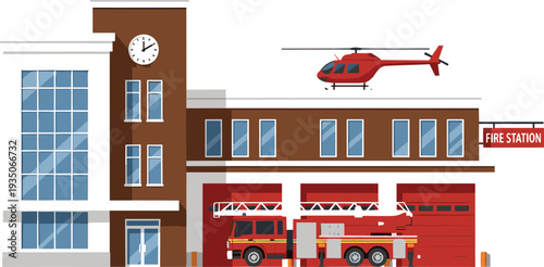 Fire Station Building Vector Illustration with Fire Truck, Ladder Engine and Rescue Helicopter