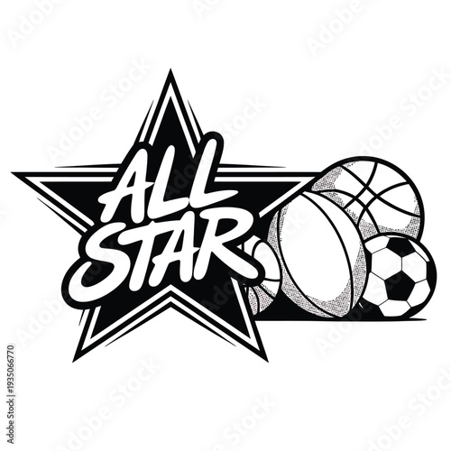 Black and white illustration of a star basketball and soccer ball