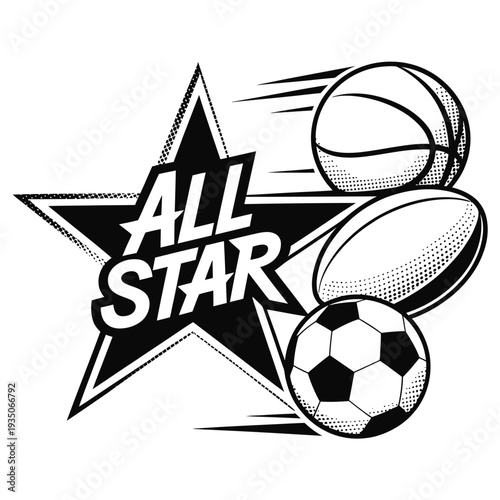 All star sports emblem featuring a basketball football and starburst