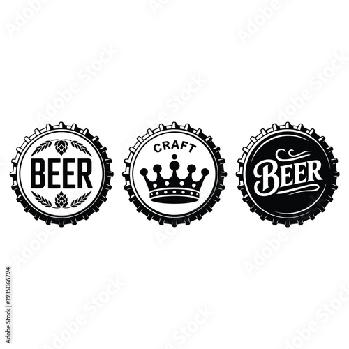 Three black and white beer bottle cap emblems with ornate designs