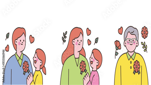 Family members giving flowers to each other in a cute illustration