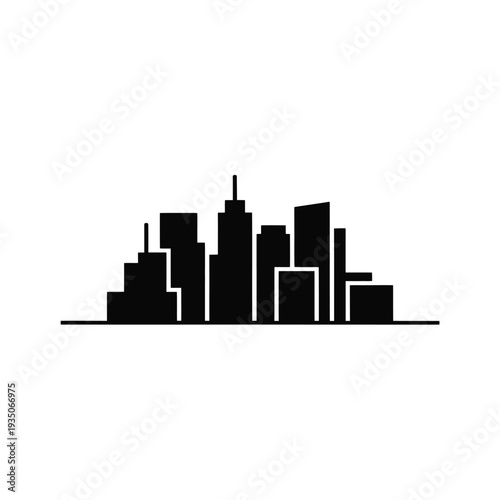 Minimalist black silhouette of a city skyline against a white background