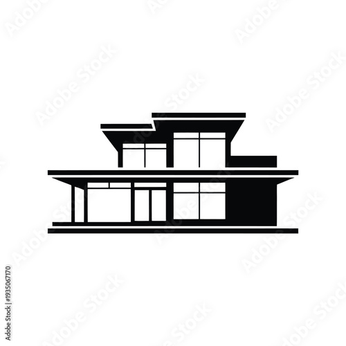 Minimalist black and white illustration of a modern multi level house