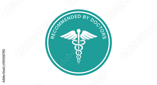 A teal circular badge displays a white caduceus symbol endorsed by medical professionals with a striking silhouette high quality professional detailed