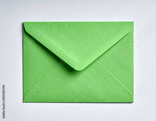 Green paper envelope on white background, 4K