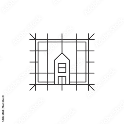 Minimalist line drawing of a house within a grid framework