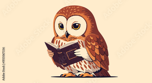 Vector illustration of brown owl reading book