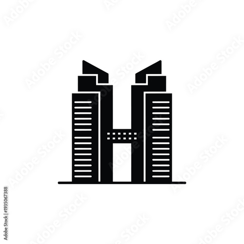 Minimalist black silhouette of two skyscrapers connected by a bridge