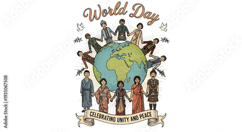 Diverse People United Around Globe Illustration.