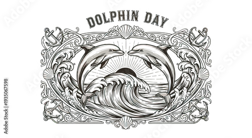 Dolphin Illustration with Wave and Ornaments.
