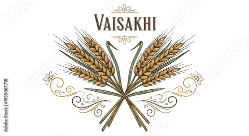 Illustration of Wheat Ears with Vaisakhi Text.
