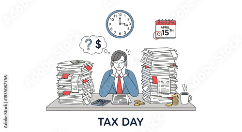 Man Overwhelmed with Tax Documents and Papers.
