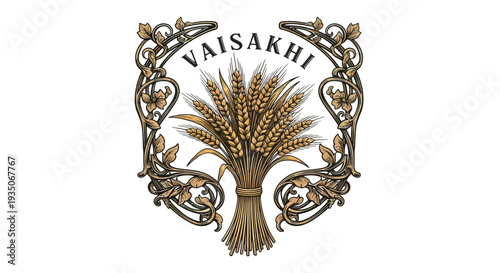 Ornate Wheat Illustration with Vaisakhi Text.