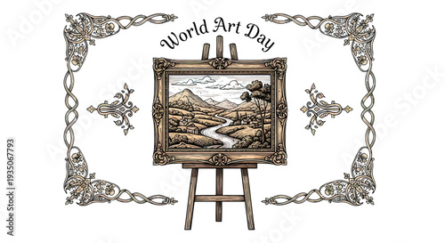 Painting on Easel with Landscape Scene.