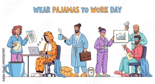 People Wearing Pajamas at Work Illustration.