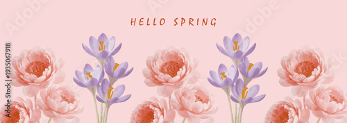 Hand drawn spring flower banner with tulip and daffodil charcoal illustration artistic horizontal floral vector template for holiday greetings and feminine branding