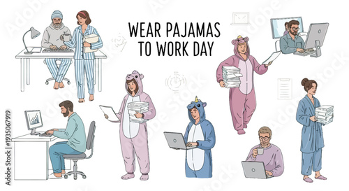 People Wearing Pajamas at Work Illustration.