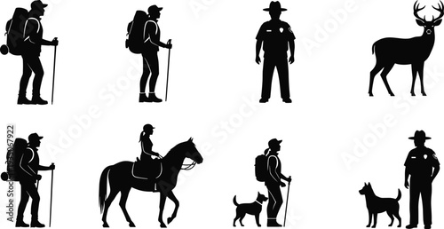 Outdoor recreation silhouette illustration set, hikers, park rangers, wildlife and animals representing adventure and nature theme - flat vector illustration