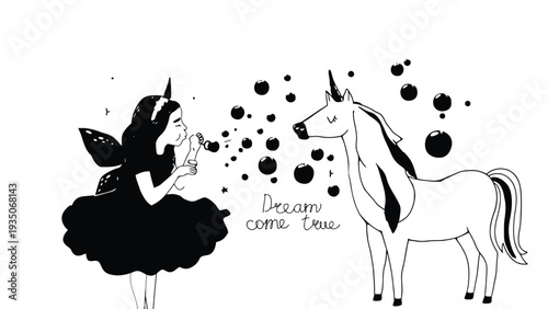 Unicorn illustration of a fairy and a magical horse with bubbles