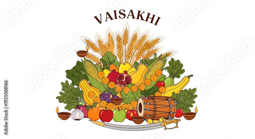 Vaisakhi Harvest Festival Fruits Vegetables Illustration.
