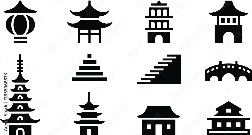 Naklejka premium Chinese architecture icon set, pagoda temples, lantern, bridge, oriental buildings, Asian landmark silhouettes, China travel vector symbols collection