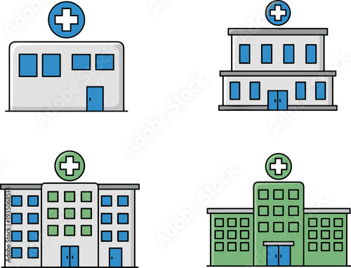 Hospital and Medical Building Icon Set with Healthcare Clinic Symbols for Health Services Emergency Care Apps Websites and Medical Design