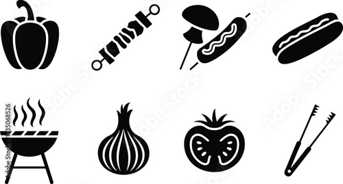 BBQ grill and food icon set, barbecue cooking symbols, pepper, onion, tomato, hot dog, skewer silhouette vector