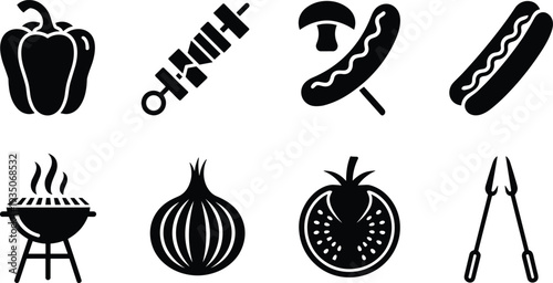 BBQ food and grill icon set, barbecue cooking symbols, pepper, onion, tomato, hot dog, skewer silhouette vector