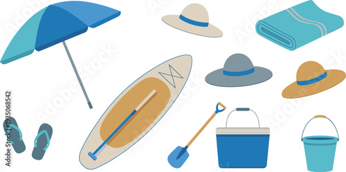 Beach vacation icon set, umbrella, surfboard, towel, sun hat, cooler, flip flops, summer travel flat vector illustration