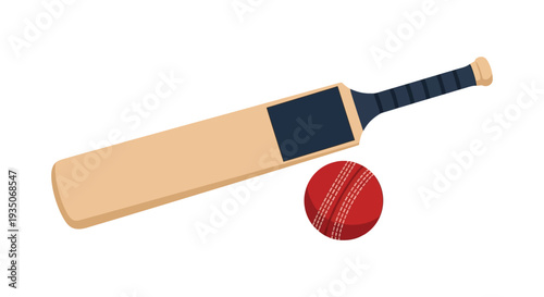A flat lay depiction of a cricket bat and ball showcasing sporting equipment in a simple silhouette high quality professional detailed