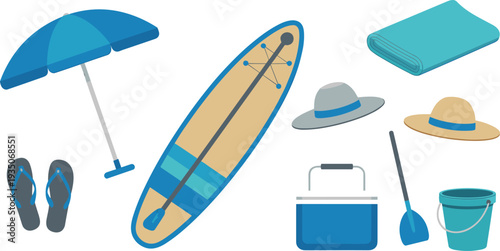 Beach vacation equipment set, umbrella, paddle board, towel, sun hats, cooler, flip flops, summer travel vector illustration