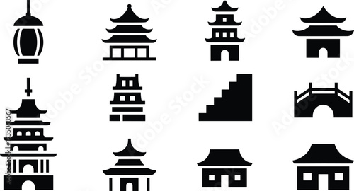 Chinese architecture icon set, pagoda temple landmarks, oriental buildings, Asian traditional architecture silhouette, China travel symbols vector collection