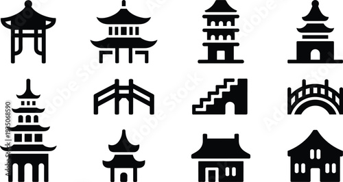 Chinese architecture icon set, pagoda temples, bridge, pavilion, oriental buildings, Asian landmark silhouettes, China travel vector symbols
