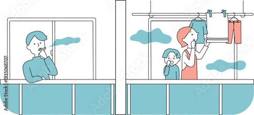 ベランダでタバコを吸う男性と煙に苦しむ隣人単色
