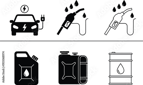 Fuel and energy icons set including electric car charging gasoline pump jerrycan oil barrel vector illustration service station