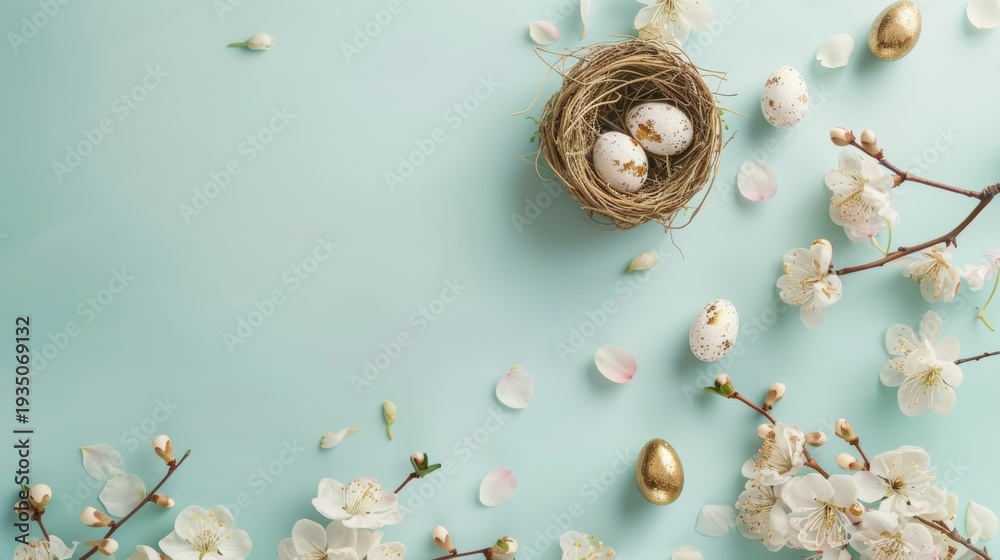 Obraz premium Luxury Minimal Easter Background with Golden Eggs in Nest and Cherry Blossom, Corner Composition with Large Copy Space for Product Advertising 