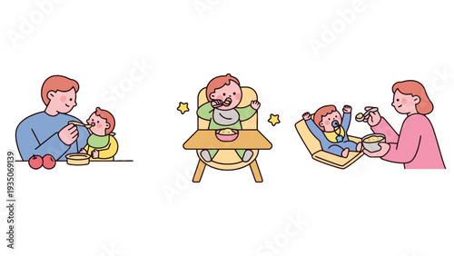 Baby eating food with family members in different positions vector illustration