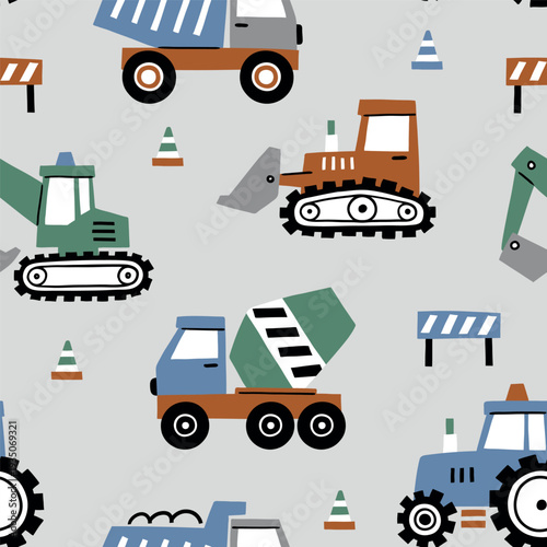 Wallpaper Mural Seamless vector pattern cute construction trucks. Hand drawn design for baby boys with tiny cars. Perfect for textile, wallpaper or nursery print design. Torontodigital.ca