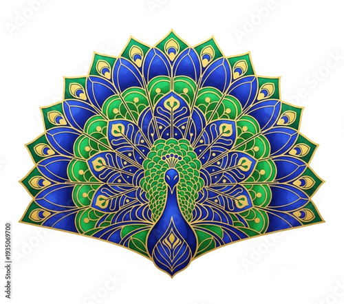 An ornate peacock feather illustration with intricate patterns and vibrant colors displayed from a front viewpoint